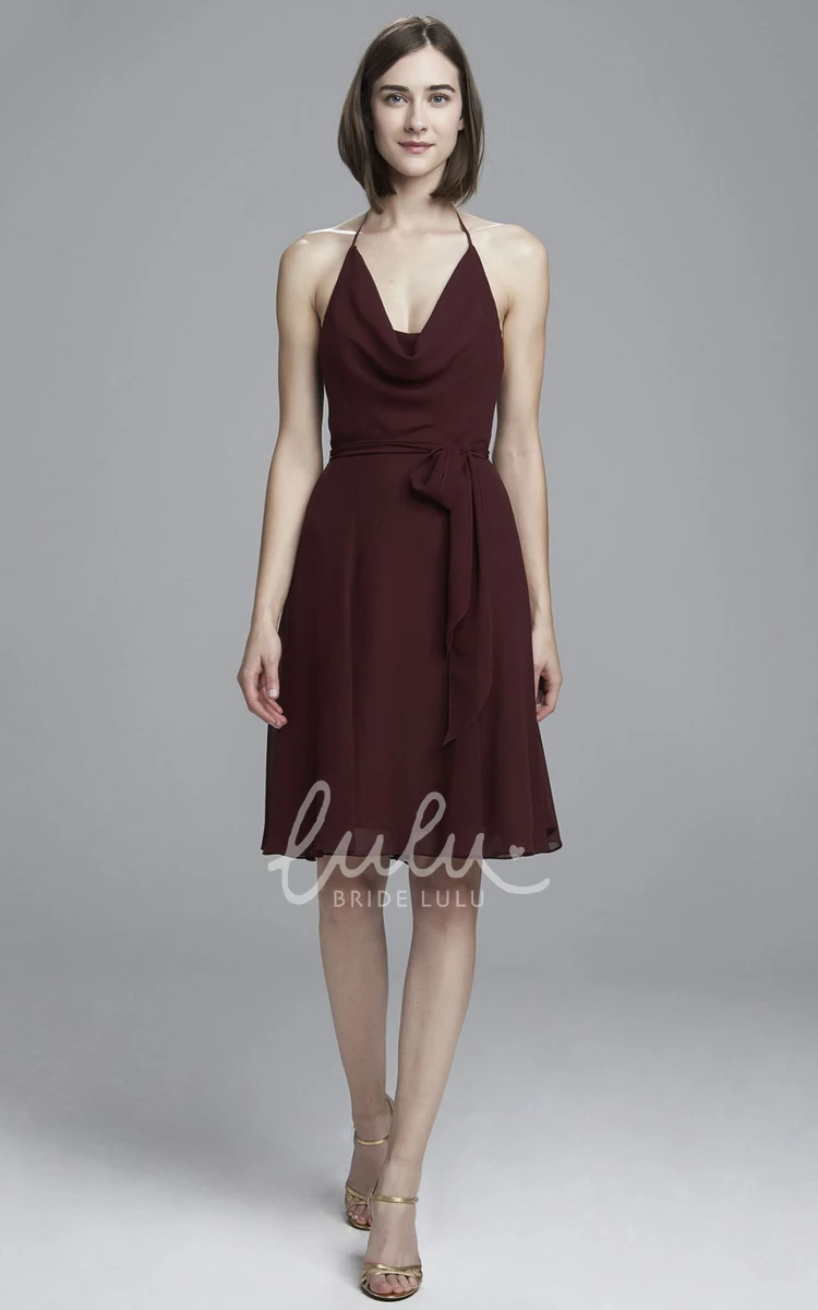 Cowl-Neck Knee-Length Chiffon Bridesmaid Dress with Backless Design and Bow