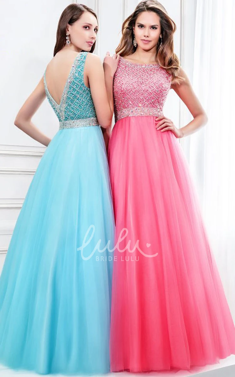 Sleeveless Tulle Prom Dress with Beaded Scoop Neckline A-Line Style