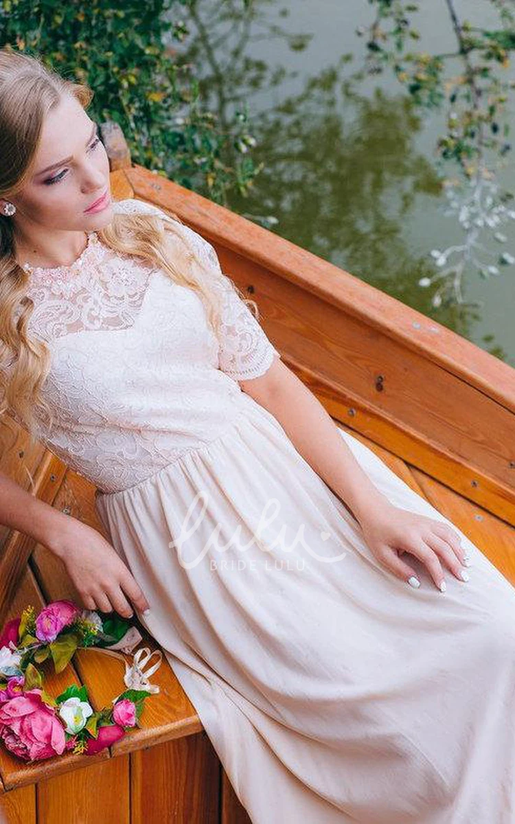 Boho Lace Ankle-Length Chiffon Wedding Dress in Blush A-Line Style