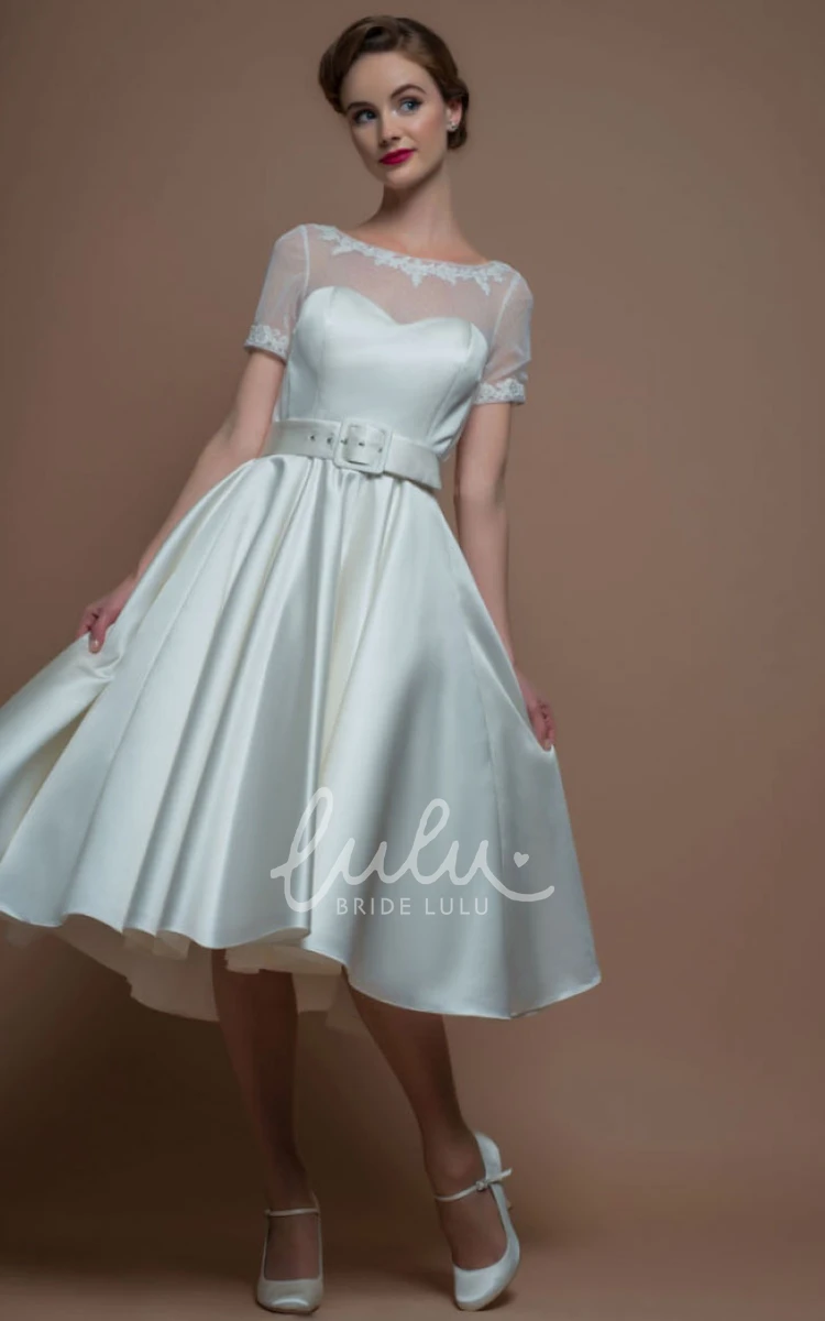 Short-Sleeve Scoop-Neck Satin A-Line Wedding Dress with Illusion and Tea-Length