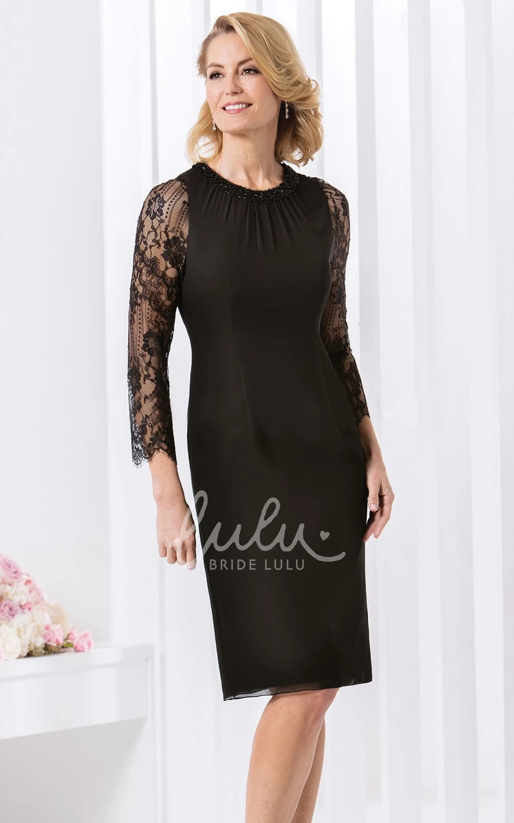 Knee-Length Mother Of The Bride Dress Pencil Long-Sleeve Beaded Lace Chiffon