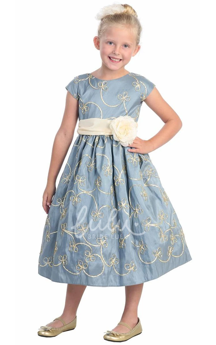 Floral Taffeta Bowed Cap-Sleeve Flower Girl Dress with Embroidery Tea-Length