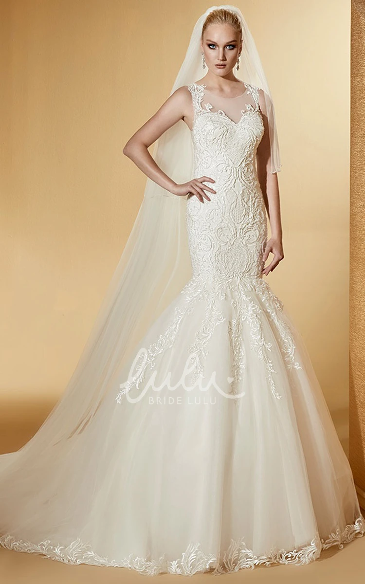 Jewel-Neck Mermaid Bridal Dress with Cap Sleeves and Illusive Design