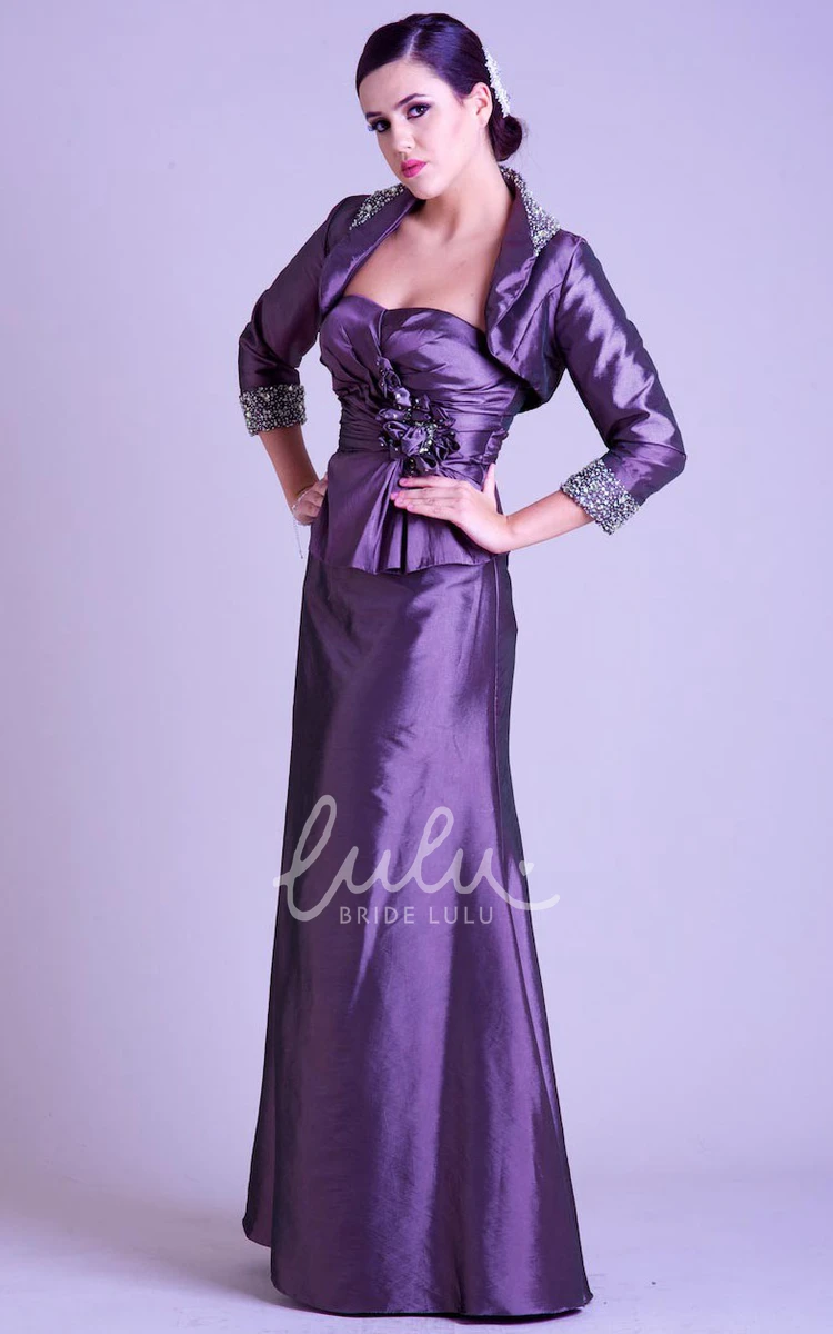 Strapless Satin Prom Dress with Cape and Flower Beaded Sheath Gown with 3-4 Sleeves