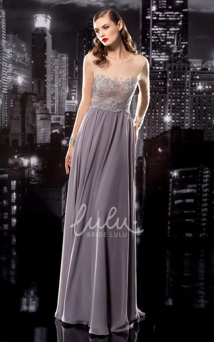 Sleeveless Sheath Chiffon Formal Dress with Jewel-Neck and Low-V Back Appliques