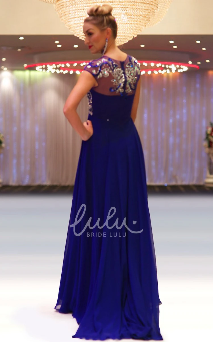 Beaded Chiffon Prom Dress Cap-Sleeve Floor-Length Jewel-Neck Empire A-Line