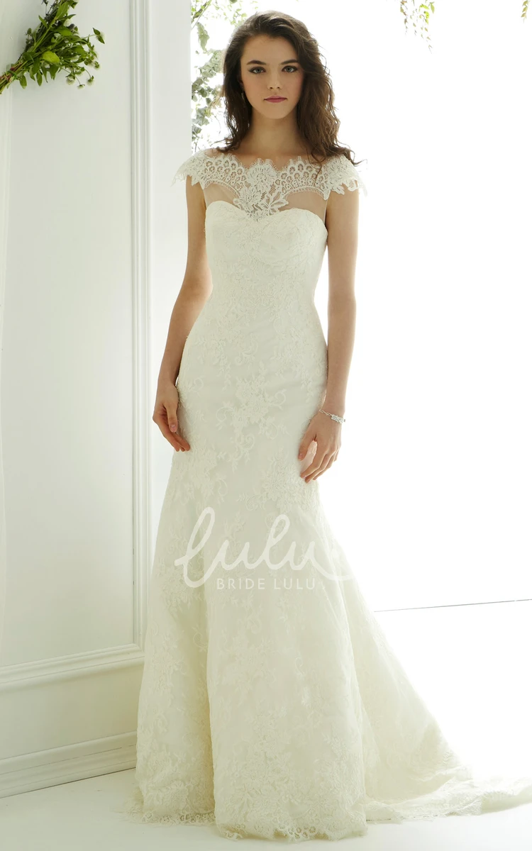 Lace Appliqued Cap Sleeve Wedding Dress with Court Train Elegant Bridal Gown