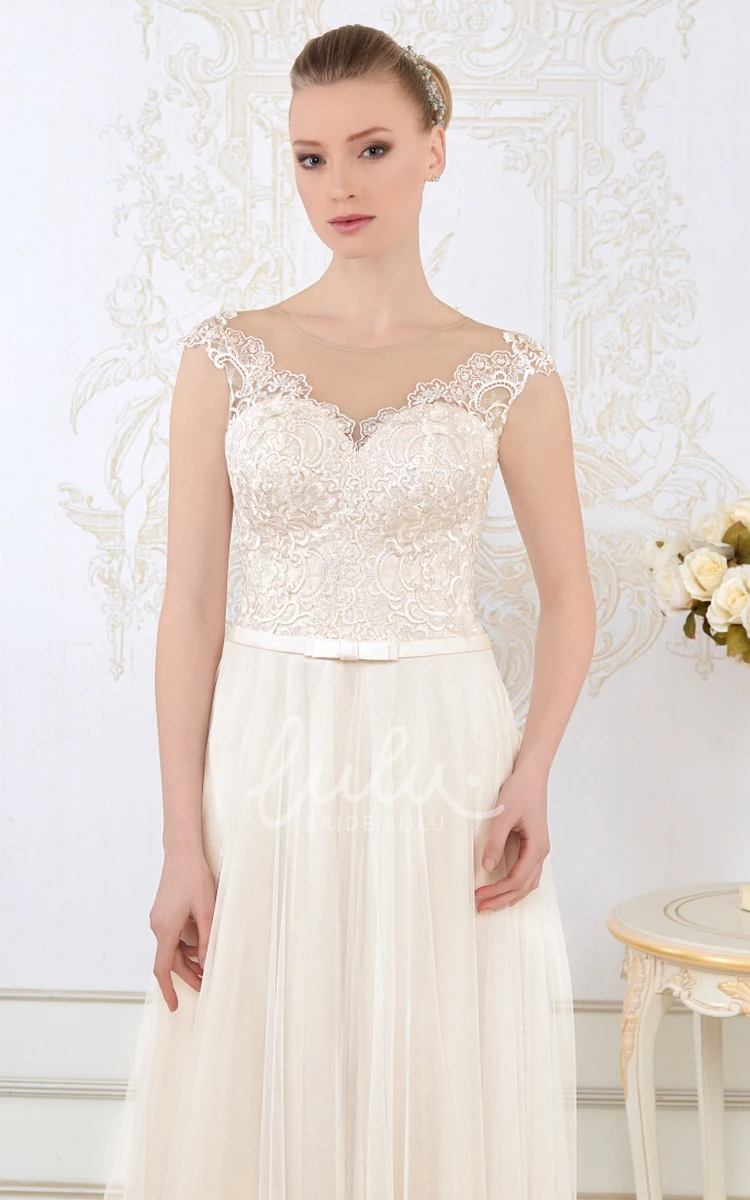 Cap-Sleeve Appliqued Tulle Sheath Wedding Dress V-Neck Floor-Length