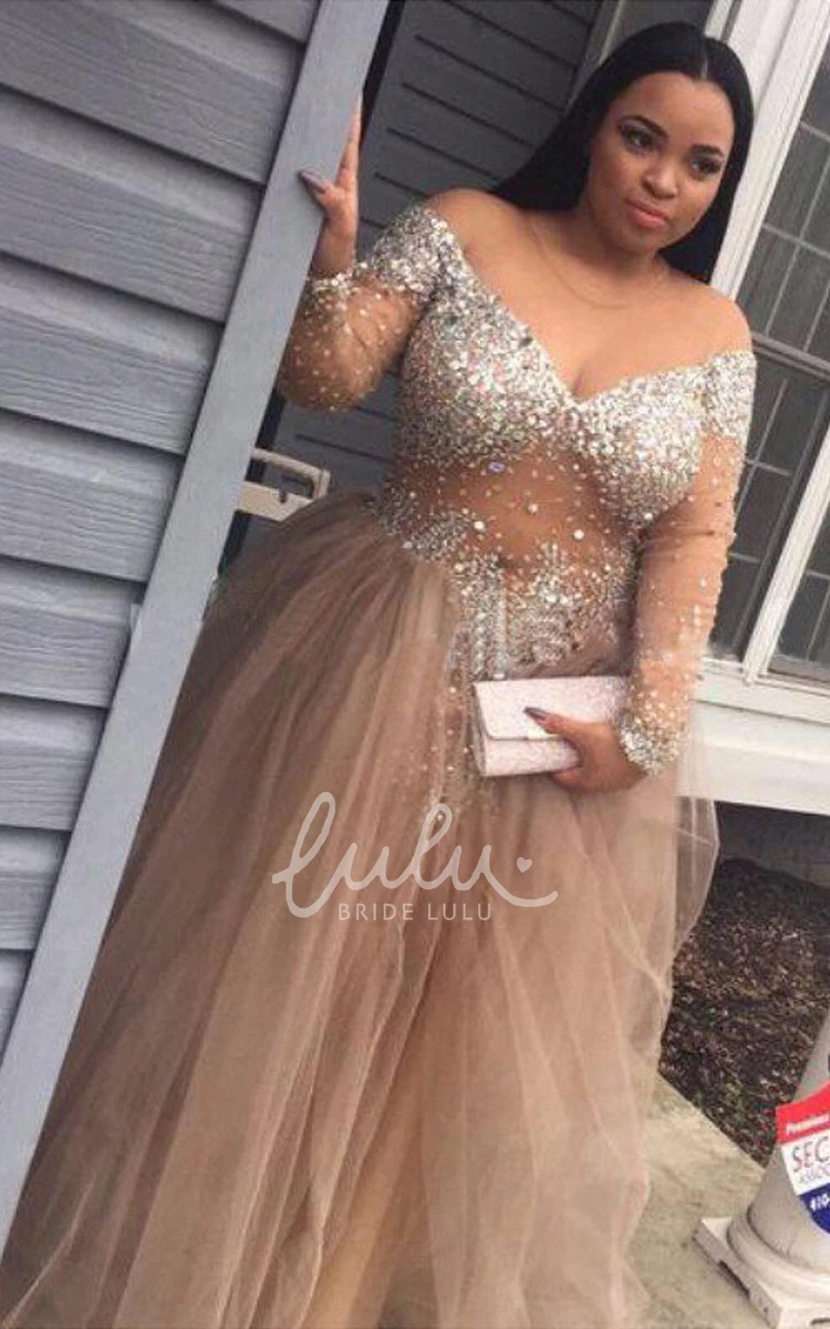 Off-the-shoulder Tulle A-Line Formal Dress with Illusion Long Sleeves