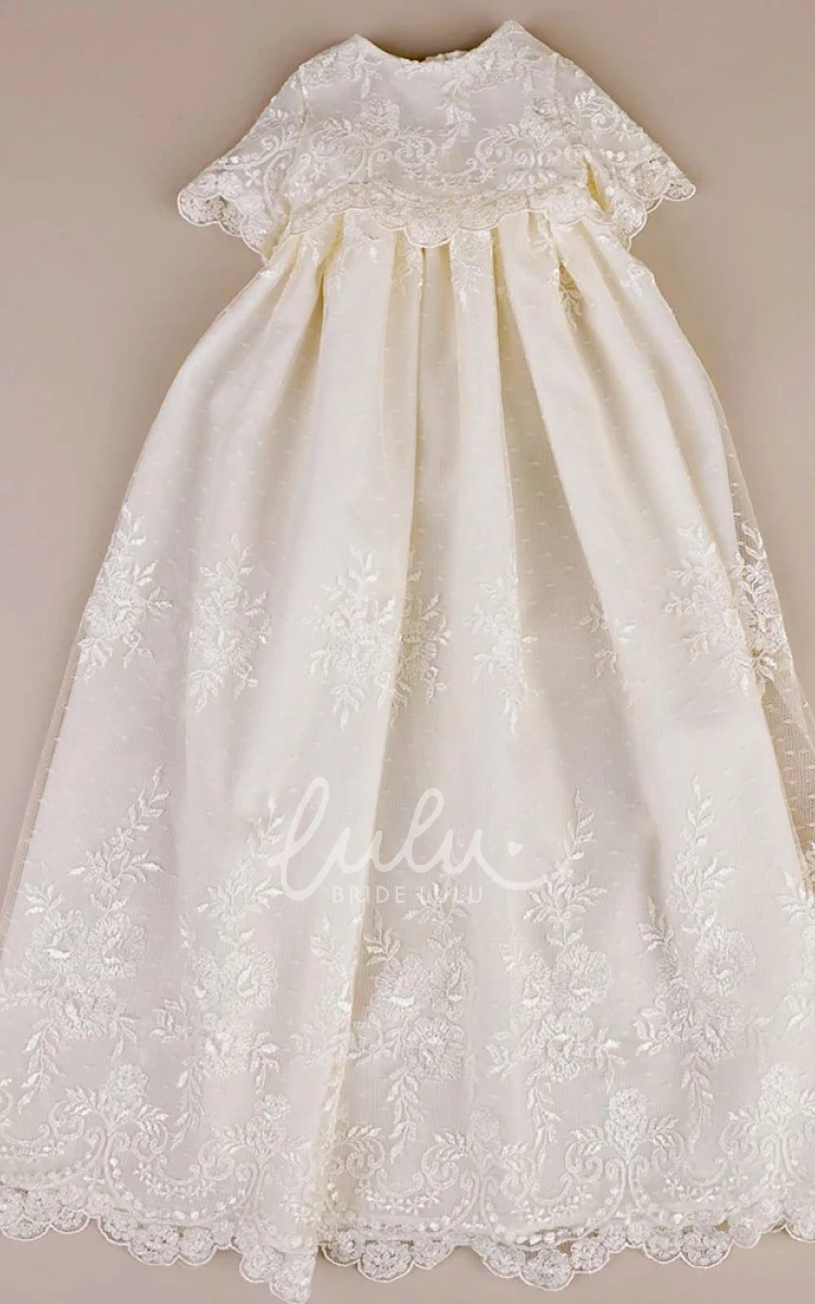 Christening Gown with Bow and Button Details in Lace Fabric