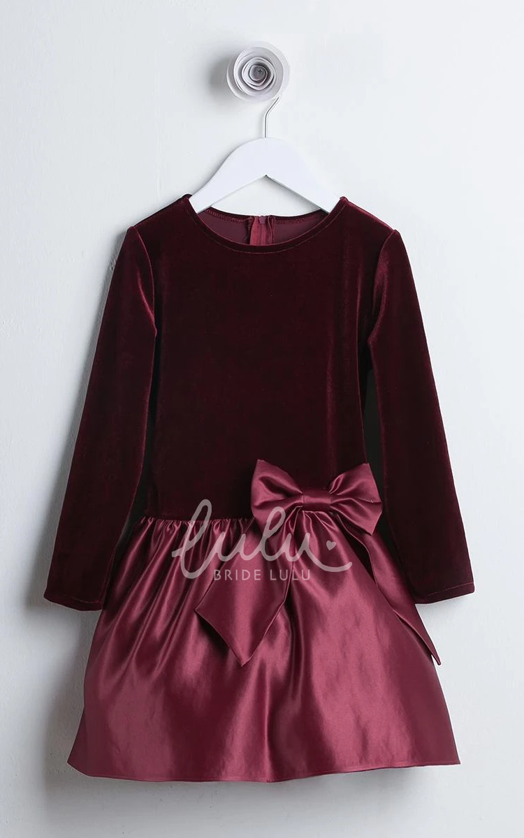 Long-Sleeve Satin Bowed Girl Dress Elegant Wedding Dress for Girls