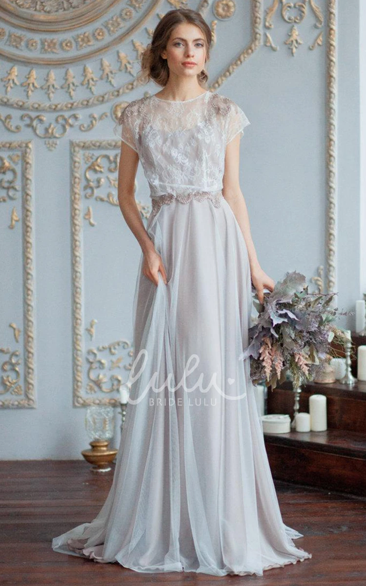 Beaded Lace Satin Tulle Wedding Dress Unique Flowy Bridal Gown