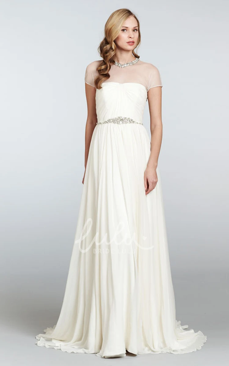 Draped Sheath Illusion Neckline Wedding Dress with Beaded Belt