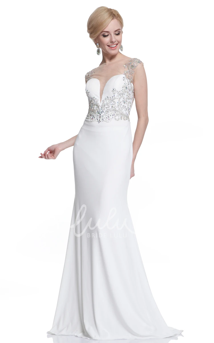 Jewel-Neck Beaded Sheath Prom Dress with Illusion Sleeves