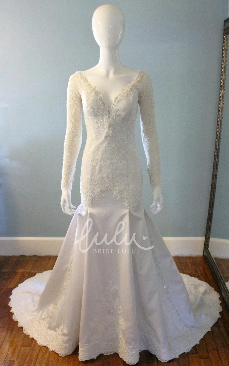 Long Sleeve Lace Satin Dress with Beading and V-Neckline Wedding Gown