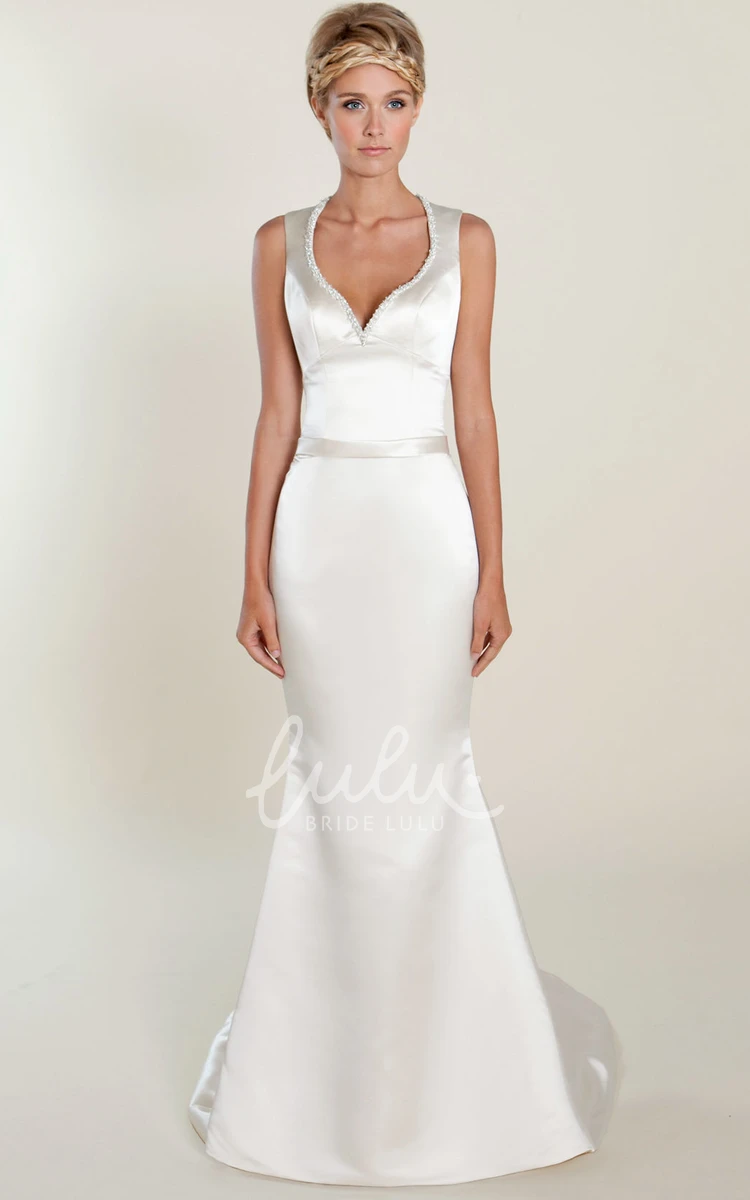 Satin V-Neck Beaded Wedding Dress with Keyhole Back Sleeveless Sheath Floor-Length