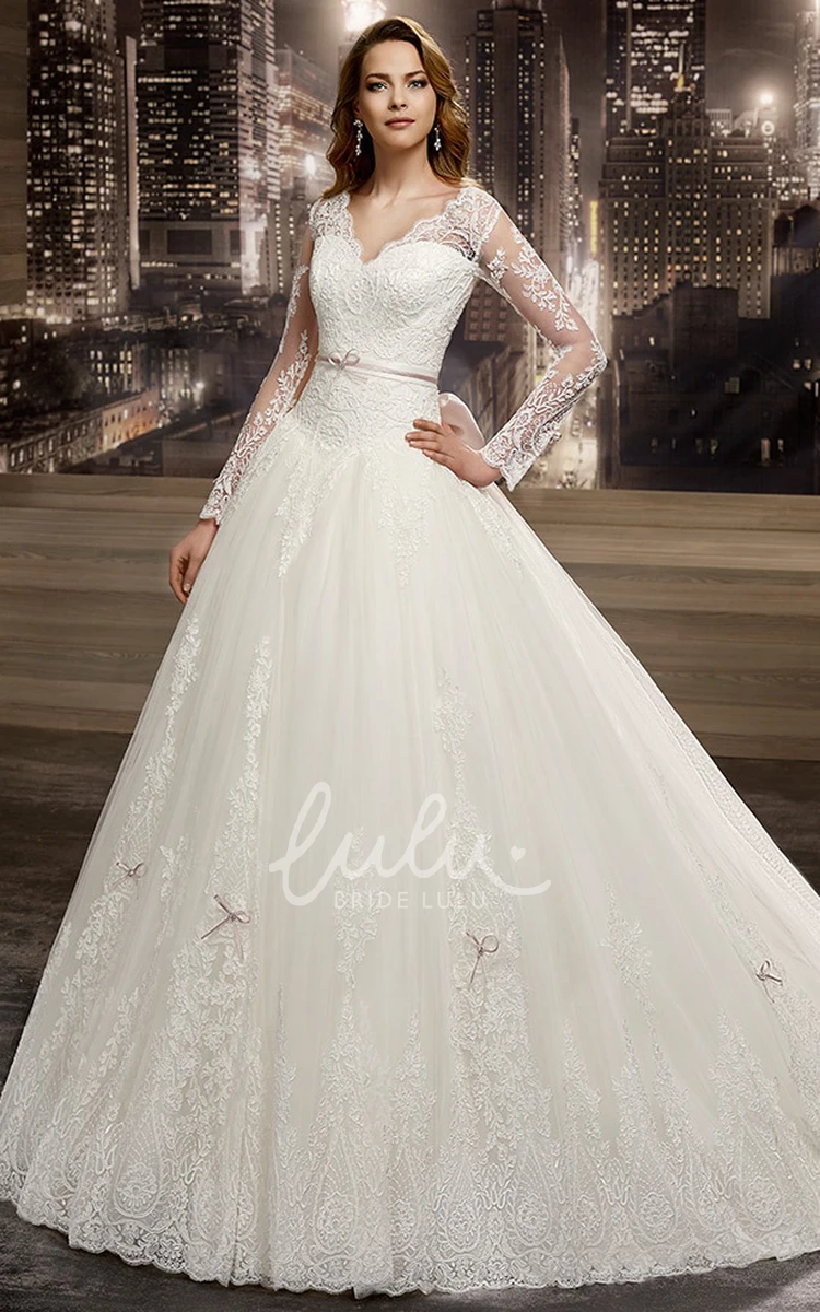 A-Line Wedding Dress with V-neck and Back Bow Illusion Modern Country