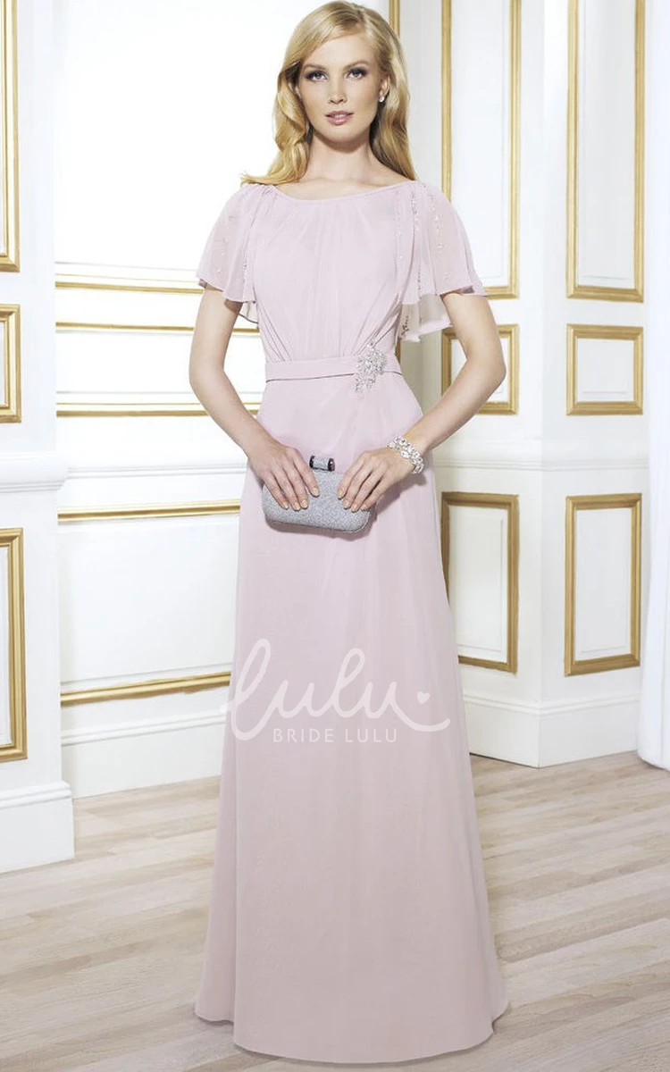 Chiffon Poet Sleeve Mother Of The Bride Dress with Ruching and Scoop Neck