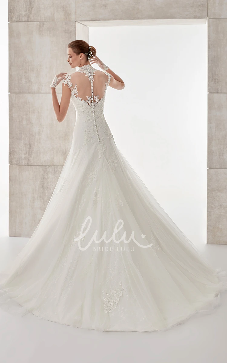 Lace Applique Illusion High-Neck Cap-Sleeve Wedding Dress