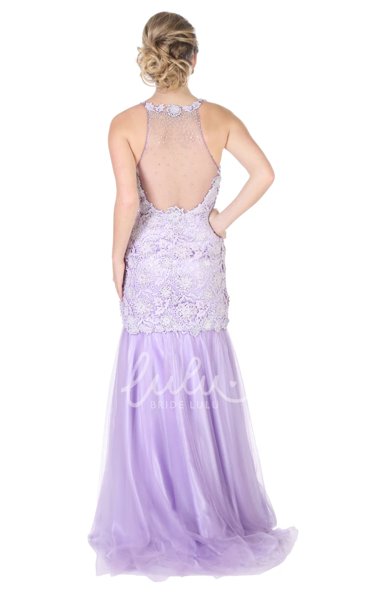 High Neck Appliqued Mermaid Tulle Prom Dress Maxi Sleeveless