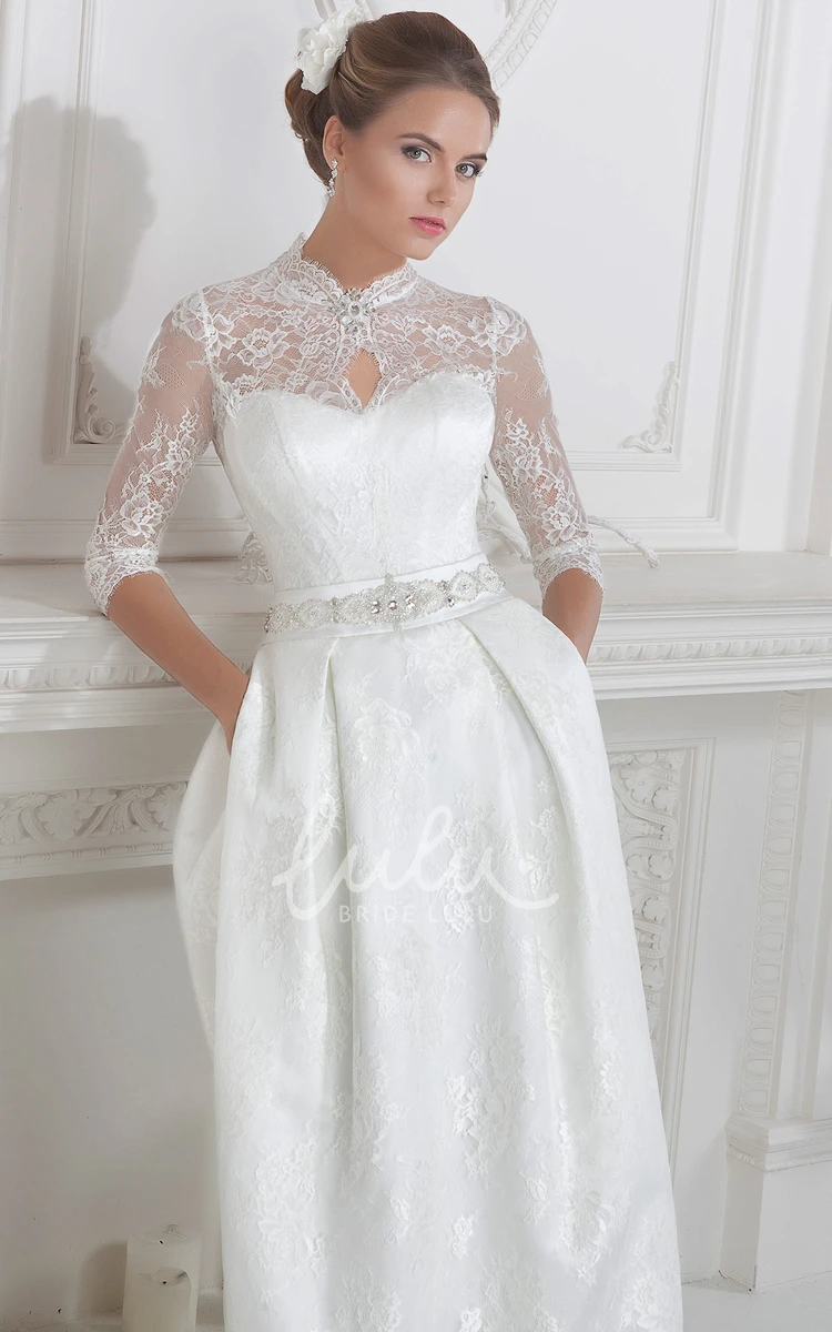 Long Sleeve Lace Wedding Dress with High Neckline and Corset Back Elegant Wedding Dress