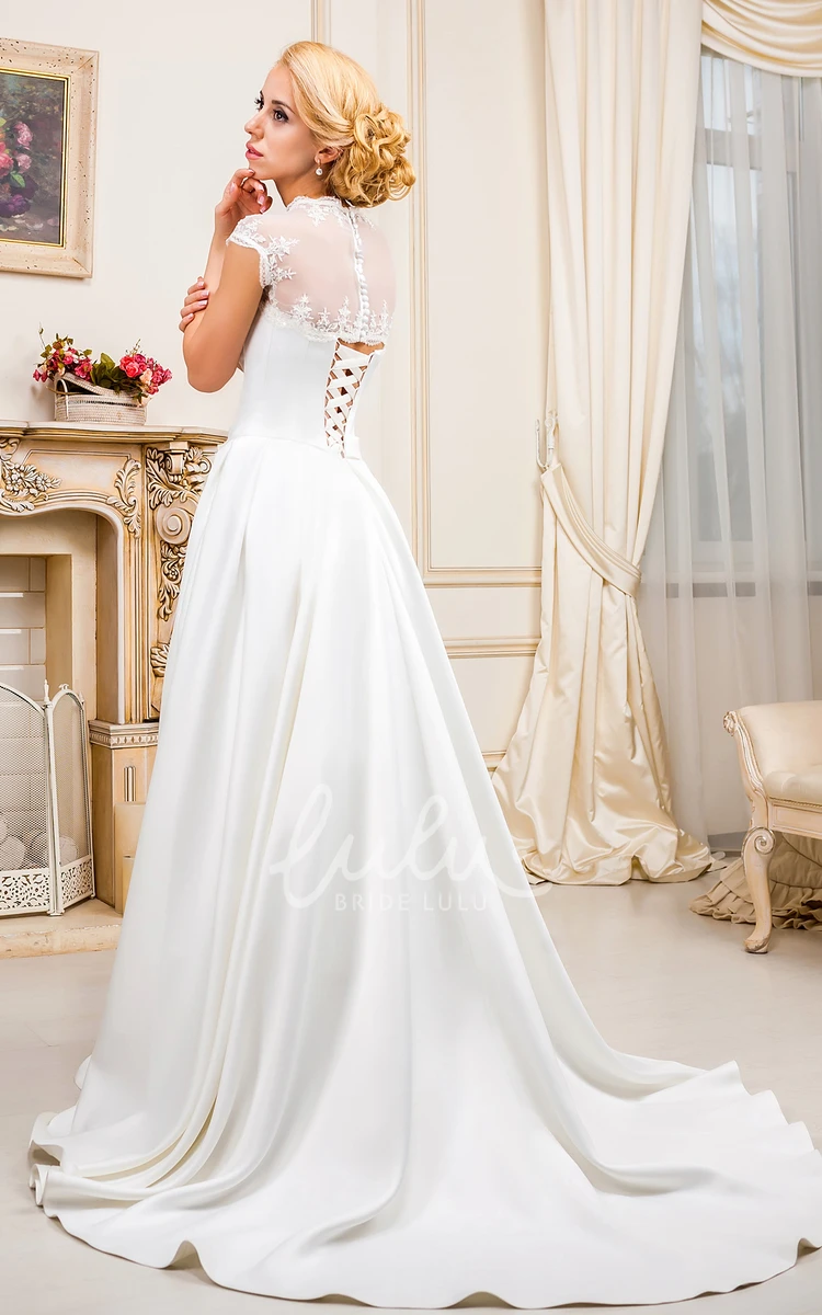 Appliqued Satin High-Neck Wedding Dress Floor-Length Cap-Sleeve