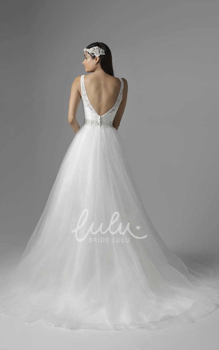 Jeweled V-Neck Tulle&Lace Wedding Dress with Court Train Elegant Bridal Gown