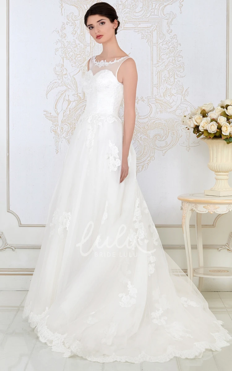 Appliqued Tulle Ball Gown Wedding Dress Sleeveless Scoop-Neck Floor-Length