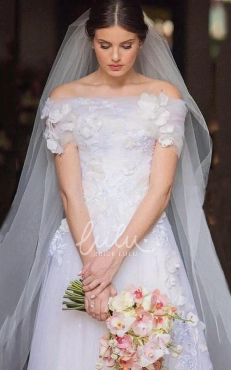 Tulle Off-the-shoulder Cap Sleeve Wedding Dress Romantic Garden Style