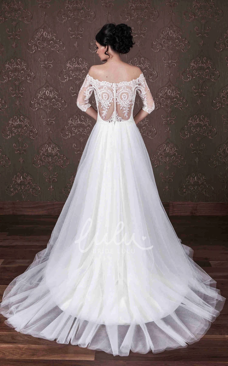 A-Line Off-The-Shoulder Tulle Wedding Dress With Appliques and Illusion Half-Sleeve Elegant