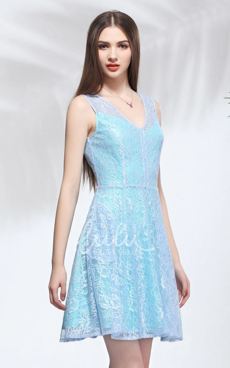 V-neck Lace A-line Dress Sleeveless Short Dress for Casual Occasions