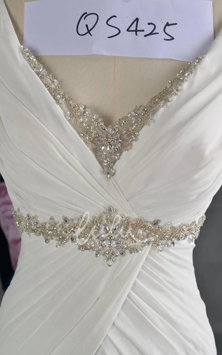 Beaded V-Neck Chiffon Wedding Dress with Sleeveless A-Line