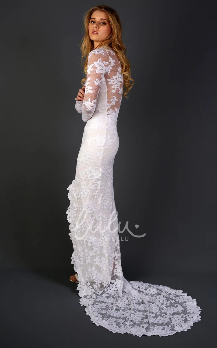 Lace Chapel Train Dress with Applique Flowers and Long Sleeves