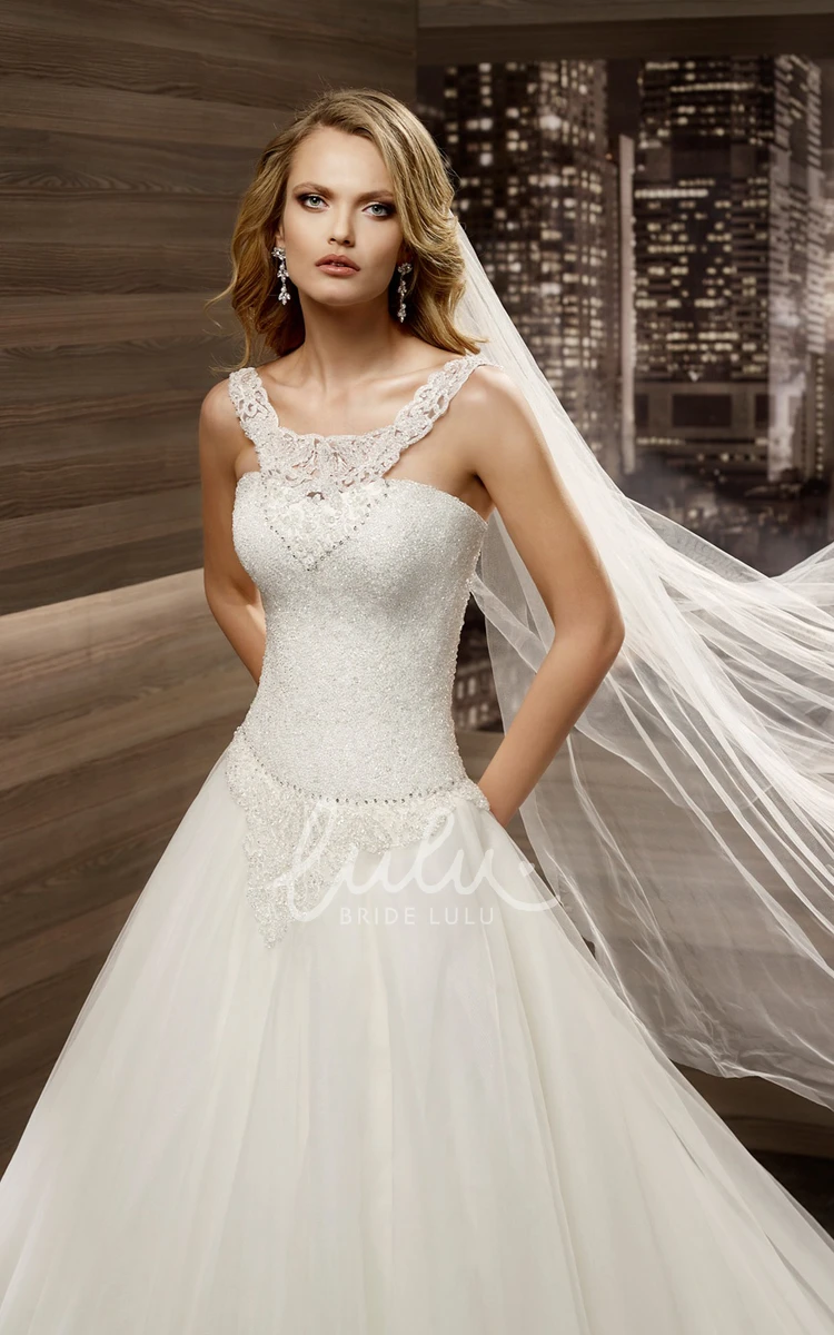 A-line Wedding Dress with Scooped-neck and Brush Train Lace-up Back