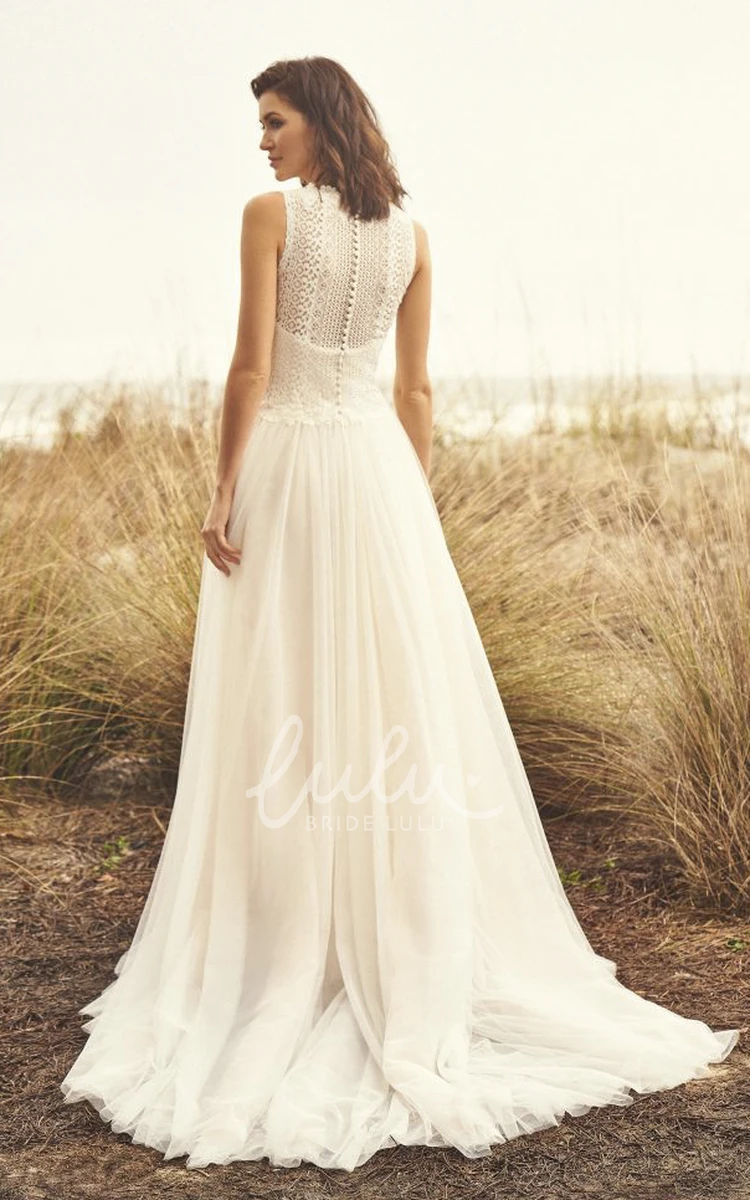 Jewel Neckline Court Train Lace Tulle Wedding Dress with Illusion Back and Sleeveless