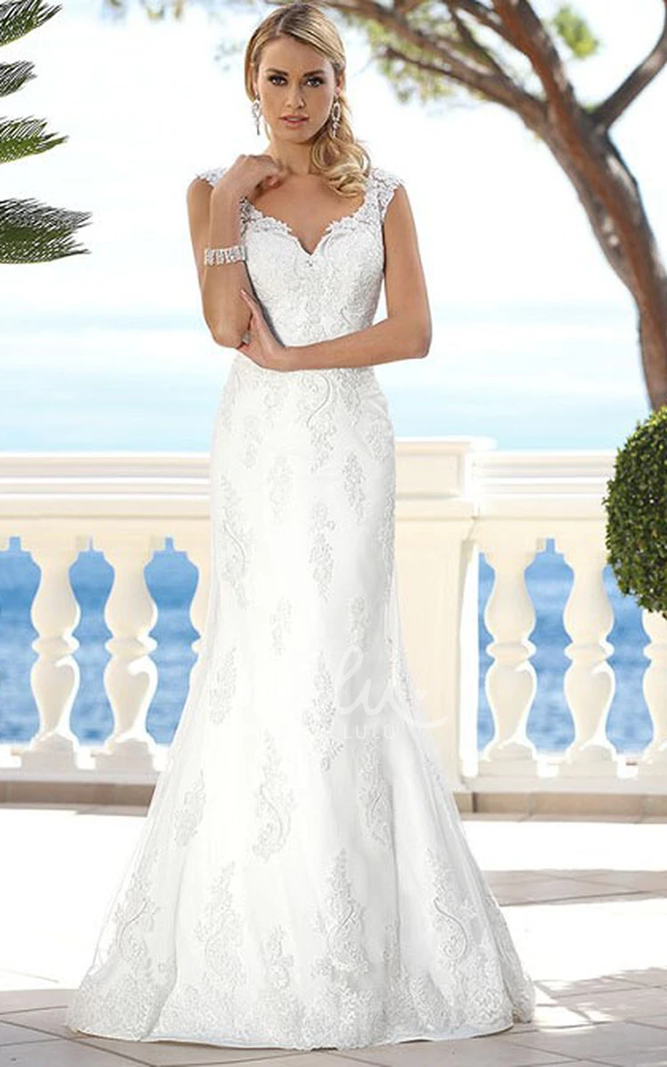 Applique Lace V-Neck Illusion Wedding Dress with Brush Train and Floor-Length