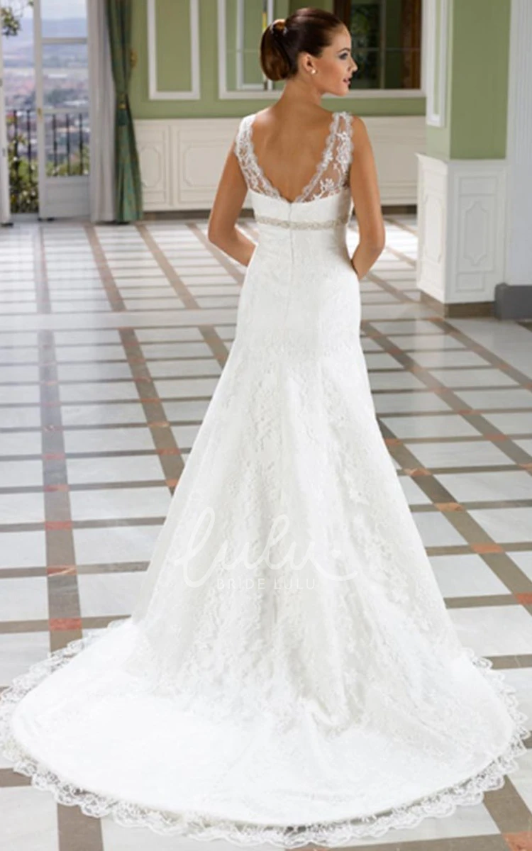 Sleeveless Jeweled Lace Wedding Dress with Court Train and Low-V Back A-Line