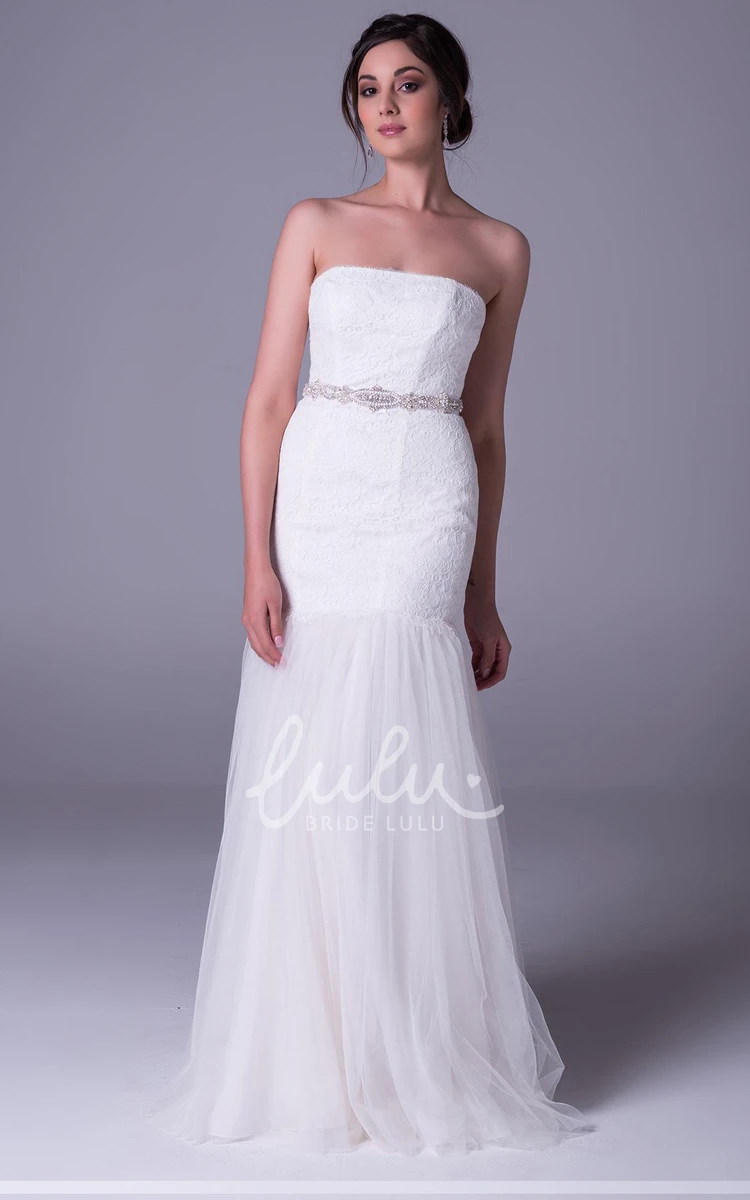 Strapless Jeweled Lace&Tulle Sheath Wedding Dress