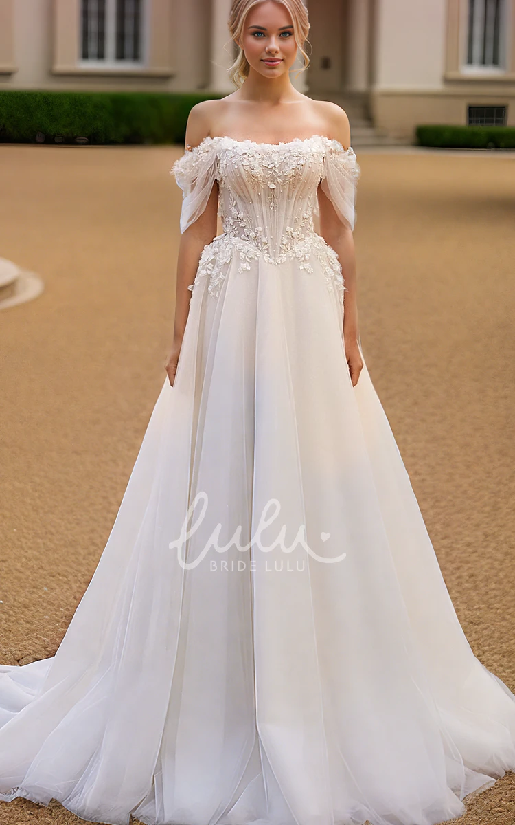 Elegant Garden A-Line Off-the-shoulder Lace Tulle Wedding Dress Sexy Romantic Plus Size Floor-length Appliques Bridal Gown with Train Backless V Back