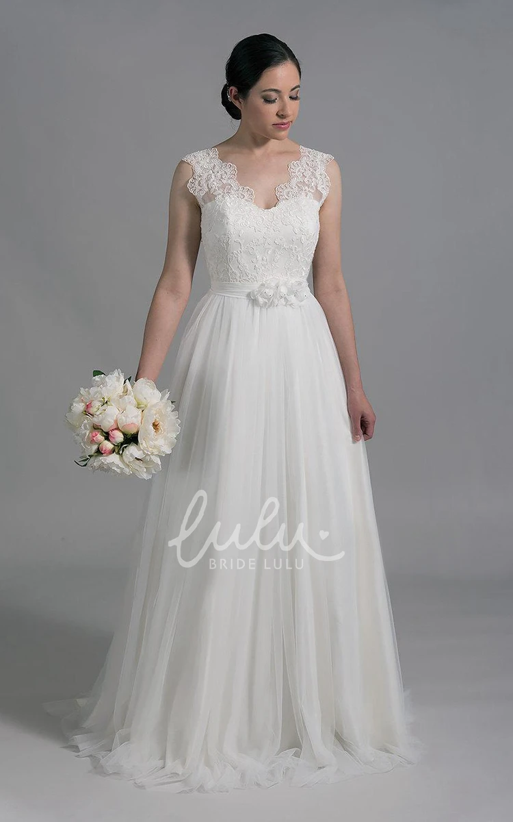 A-Line Alencon Lace Tulle Wedding Dress with V-Neck and Sleeveless