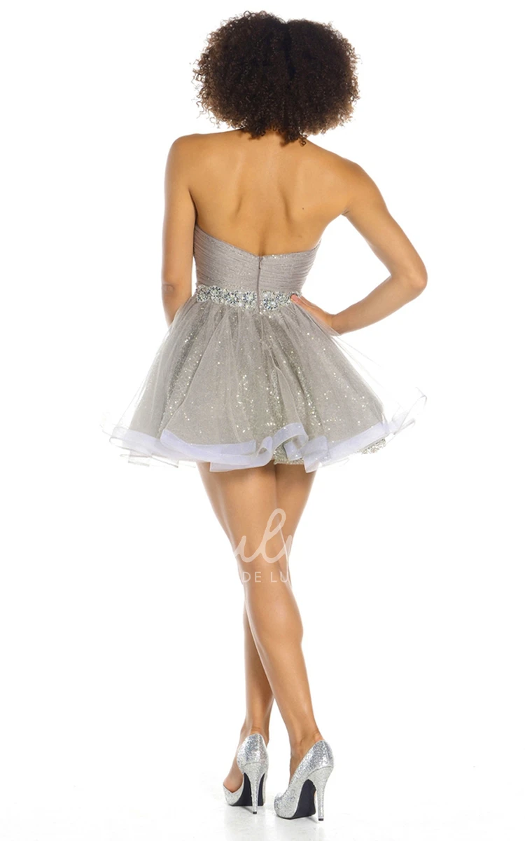 Sleeveless Sweetheart Sequin and Tulle Prom Dress A-Line Ruched Mini with Waist Jewelry