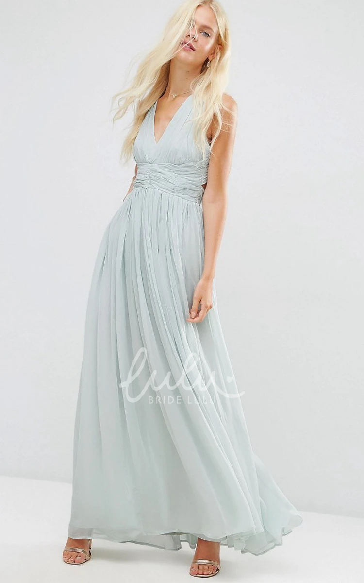 Ruched V-Neck Chiffon Bridesmaid Dress Ankle-Length A-Line