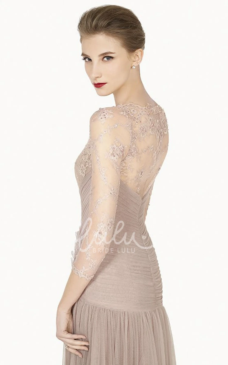 Lace Top Tulle Long Prom Dress with Illusion Back and 3-4 Sleeve