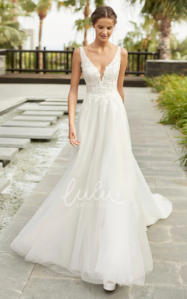 Lace Tulle Plunging Neckline A-line Wedding Dress with Cathedral Train