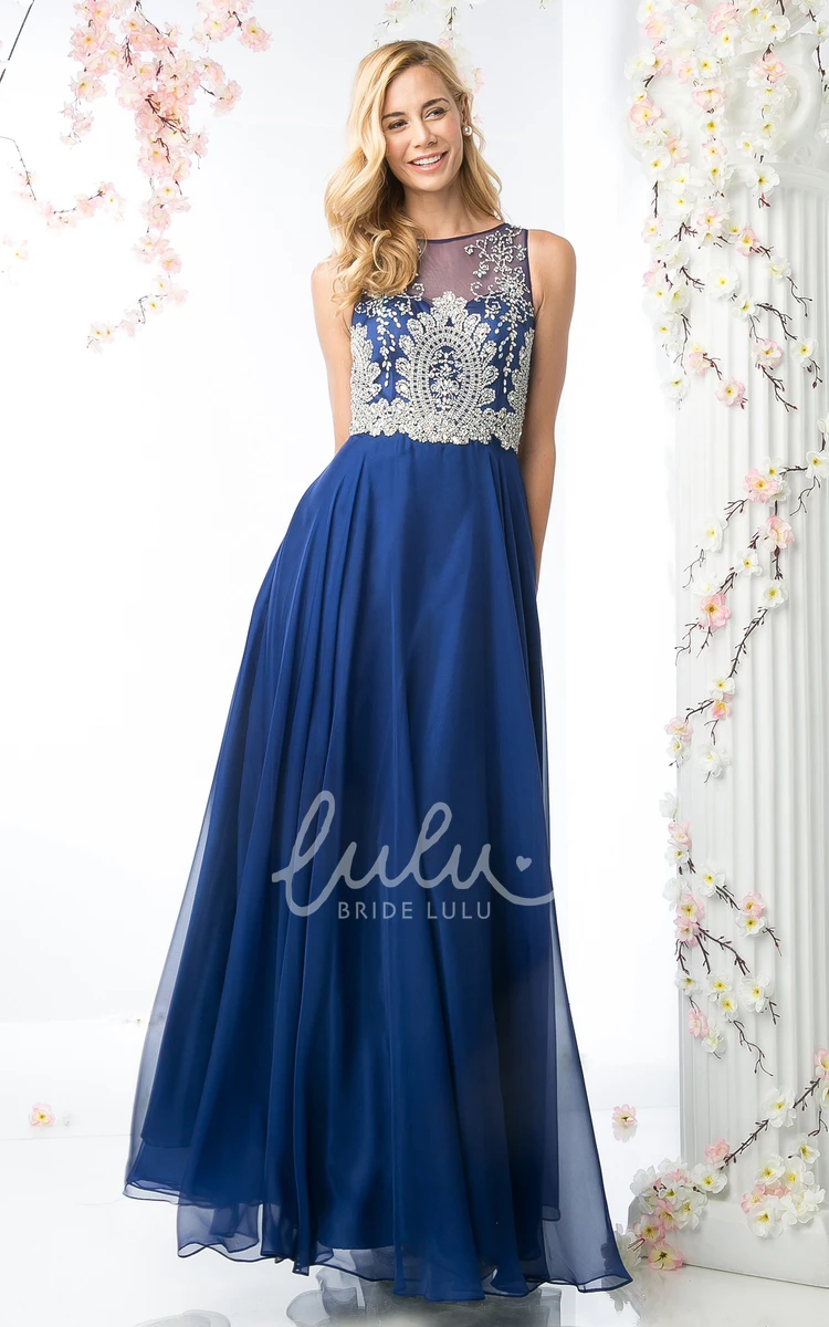 Jewel-Neck Chiffon A-Line Dress with Beading and Pleats for Bridesmaids