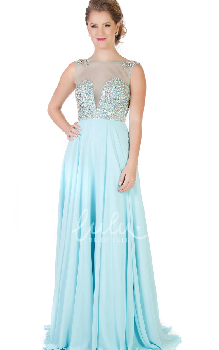 A-Line Beaded Sleeveless Chiffon Evening Dress with Jewel-Neck Floor-Length