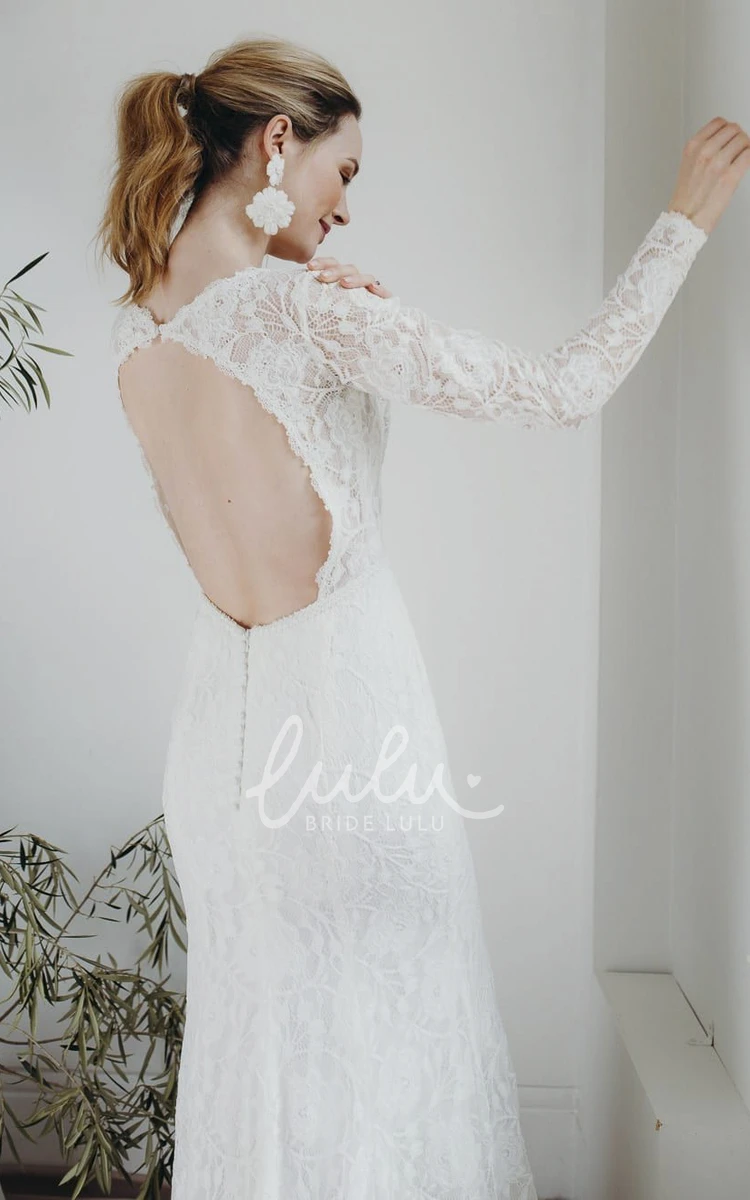 Sexy Sheath Lace Wedding Dress with Plunging V-neck Long Sleeves and Keyhole Back