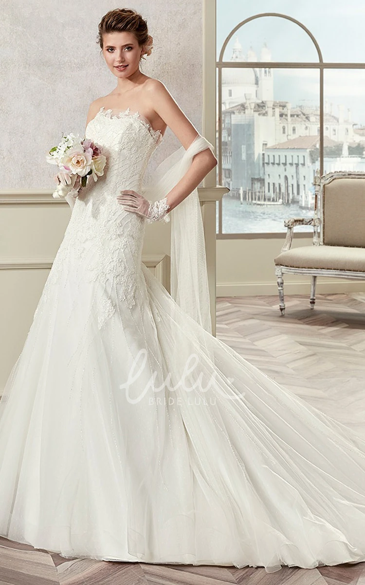 Lace Strapless Wedding Dress with Court Train and Open Back