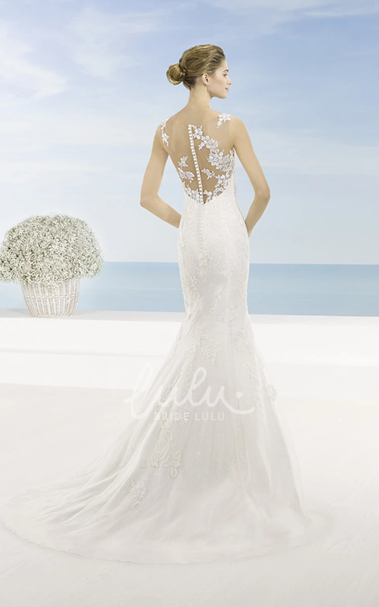 Trumpet Appliqued Sleeveless Lace Wedding Dress with Court Train and Illusion Back Modern Bridal Gown