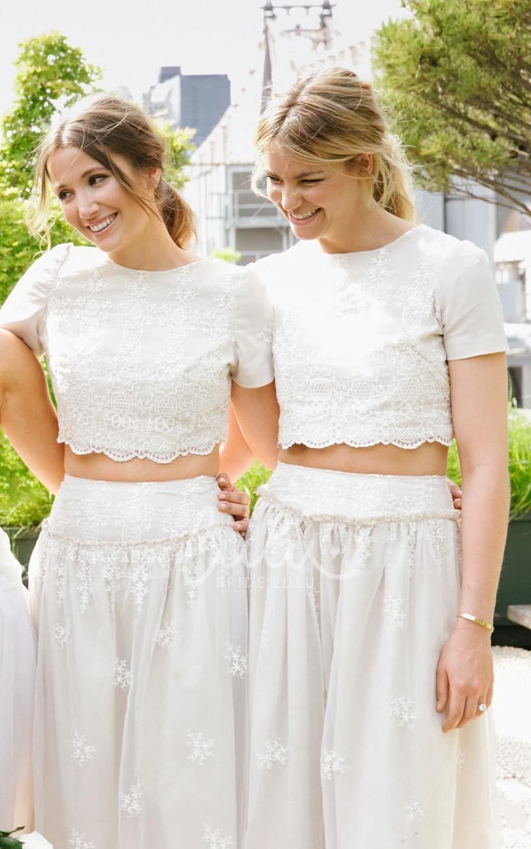 White Lace A-line Bridesmaid Dress with Short Sleeves